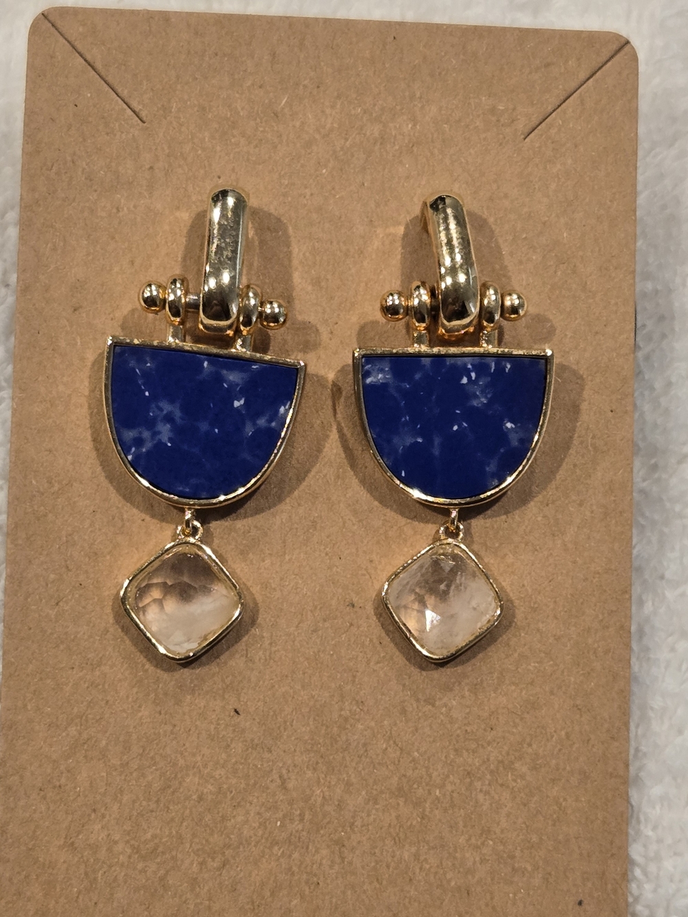 J. Crew Gold-Tone Earrings with Blue Semi-Circle and Clear Drop